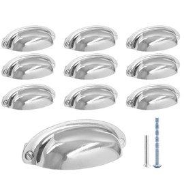 Auvotuis 10Pcs 3.5Inch Hole Spacing Cup Pull Handles, Vintage Farmhouse Style Flat Cabinet Cup Pulls for Drawer/ Dresser Bin (Polished Chrome)