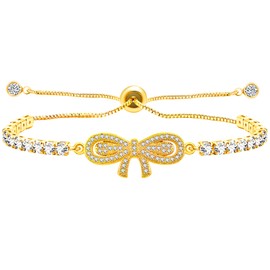 Mayfaith Elegant Gold Color Bow Knot Tennis Bracelet - Fashion Adjustable Imitation Gemstone Bracelet for Women with Bolo Clasp YA4867-Gold