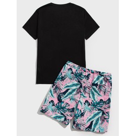 Floerns Men's Graphic Print T Shirt Drawstring Waist Shorts Set 2 Piece Outfit Black Leaf Tropical XXL