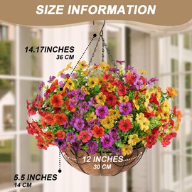 Artificial Flowers for Outdoors with Hanging Basket for Summer Spring Decoration,Fake Silk Flowers for Outside,UV Resistant with 12 Pcs Daisy Flowers for Front Porch Gard Yard Home Decor (Multicolor)