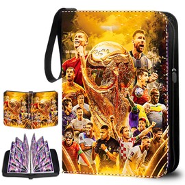 Soccer Card Binder 4 Pocket,Trading Card Binder Fits 440 Cards with 55 Removable Sleeves,Waterproof PU Leather 3-Ring Zipper Card Organizer,Portable Card Holder for Football Fans Boys Girls Collectors