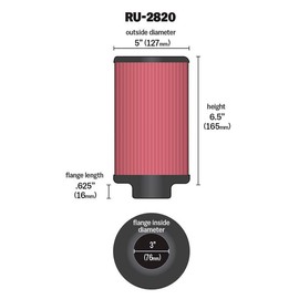K&N RU-2820 Filtro de Aire Universal Lavable, Rojo, Brida 3 Pulgadas, 6.5 Pulgadas