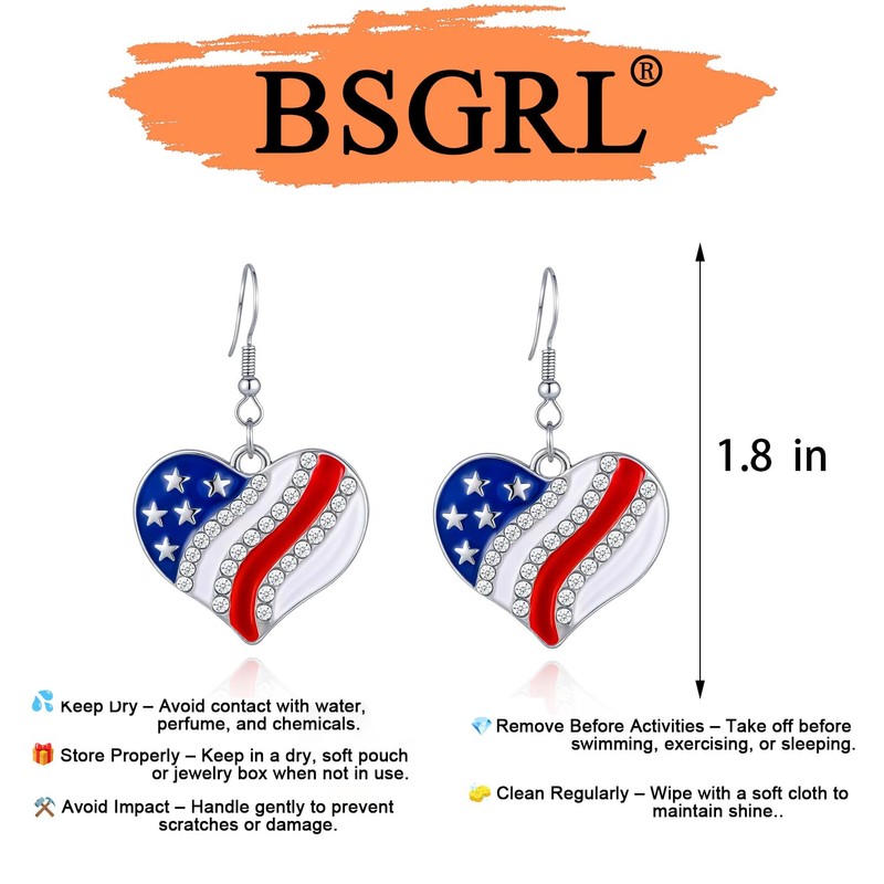 BSGRL American Flag Earrings - Heart Shape USA Flag Silver