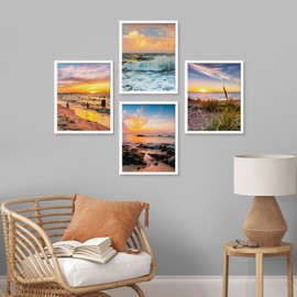 SIGNWIN Framed White Pastel Sunset Nautical Ocean Beach Horizons Wall Art, Set of 4 Landscape Colorful Wall Decor Prints, Nature Wilderness Wall Décor for Living Room, Bedroom - 11"x14" White