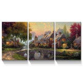 Denozer - 3 Panels Canvas Wall Art Thomas Kinkade Garden Landscape Oil Painting for Home Decor Stretched and Framed Ready to Hang - 16"x24"x3 Panels Wall Decor