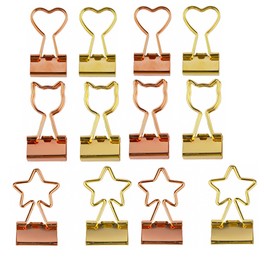 12 Pcs Metal Binder Clips Set - Cute Clips in Cat, Heart, Star Shapes - Gold & Rose Gold Stylish Office Supplies (Small-0.75inch)