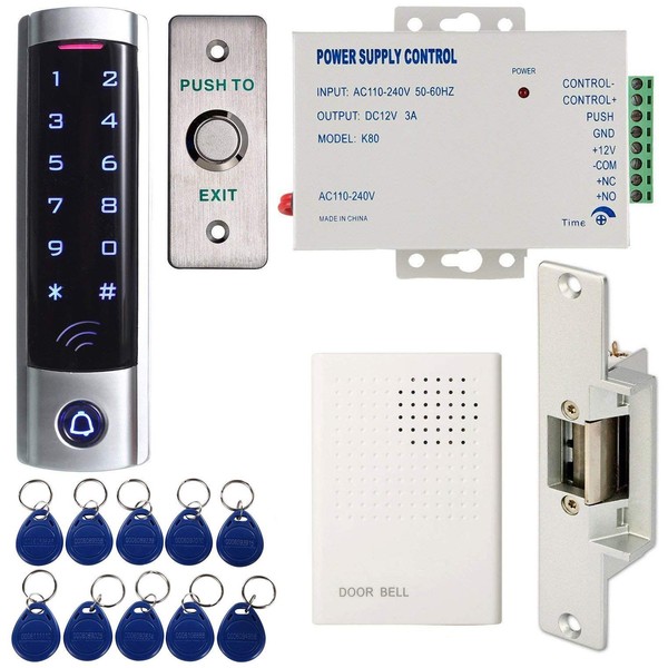 HWMATE Full Complete Access Control System Kit with Touch Keypad Power Supply Strike Lock Exit Button Door Bell Keyfobs for Single Door