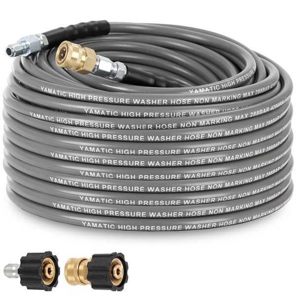 YAMATIC Non Marking 1/4" 4200 PSI Pressure Washer Hose 50 FT, for Hot/Cold Water Rubber Wire Braided, Kink Free Swivel 3/8" Quick Connection, Industry Grade for Power Washer, Super Wear Resistant