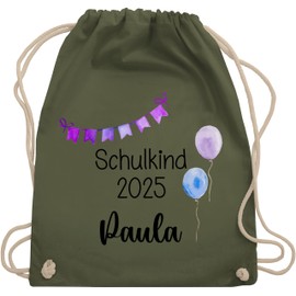 Geschenk mit Namen personalisiert by Shirtracer - Gym Bag Backpack - First Day of School - School Child 2025 with Name | Gifts for First Day of School, 16 Olive Green, Unit size