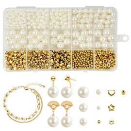 720 pieces white beads for threading set, 4/6/8/10/18 mm bracelet beads and 5 golden spacer beads, jewellery making set, can make bracelets, necklaces, earrings and jewellery crafts