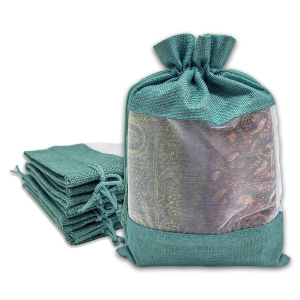 TheDisplayGuys - 12-Pack 7.5x11.5 Linen Burlap & Sheer Organza Gift Bag with Drawstring for Party Favors, Presents, Samples & Treats Mesh Pouch (Teal, X-Large)