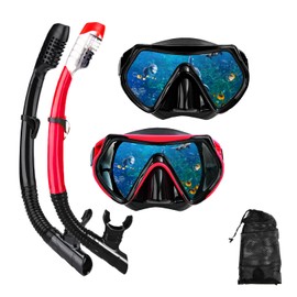 Snorkel mask Snorkeling Set for Adults and Youth, Diving mask and Full Dry Snorkel Swim Googles is Suitable for Snorkeling, Dive Scuba Diving, Swimming (Black+red（2 Set）)