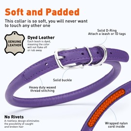 Dogline Soft and Padded Rolled Round Leather Collar for Dogs W3/8" - L16"-19", Purple