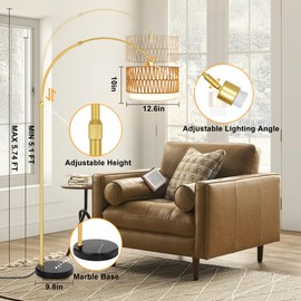 Fttoyoly Rattan Floor Lamp for Living Room Arc Boho Floor Lamp with Rattan & Linen Double Shades Adjustable Tall Wicker Lamps with 3 Color Temperatures for Bedroom Office Reading,Gold