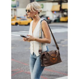 Genuine Leather Women's Handbags Travel Small Purses Top Handle Barrel Satchel Shoulder Hand Bags leather crossbody bags for Women Retro Totem Tote Bag Coffee