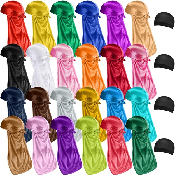 28 Pcs Silky Durags Set Includes 24 Satin Durag for Men Women Long Tail Headwraps with 4 Elastic Wave Cap (Assorted Color)