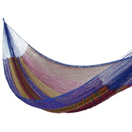 NOVICA Orange Purple Blue Striped Tropical Hand Woven Nylon Mayan 2 Person XL Rope Hammock, Rainbow Seascape' (Double)