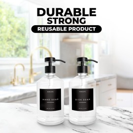 Luxury Glass Soap Dispenser Set of 2 - Elegant Clear Glass Bottles with Matte Black Stainless Steel Pumps, Kitchen Soap and Bathroom Hand Soap Dispenser, Perfect Pump All Homes.