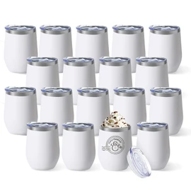YOUKE OLA 18 Pack Stainless Steel Wine Tumbler with lid, 12oz Insulated Powder Coated Wine Tumbler Stemless Double Wall Vacuum Wine Glass Coffee Tumbler Bulk for Laser Engrave, DIY Gift, White