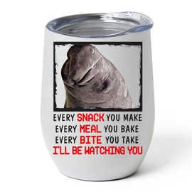 Every Snack You Make I'll Be Watching You Sea Cow Manatee Tumbler 12oz Stainless Steel Vacuum Insulated Cup With Lid - Peeking Animal Funny Gifts for Manatee Lovers