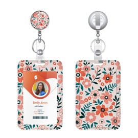 ID Badge Holder,Retractable Badge Reel with Vertical ID Holder Protector Badge Clip for Student Worker Nurse Teacher (Flower Pink)