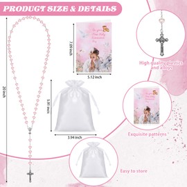 Sinmoe 3 Set First Holy Communion Heart Rosary Beads with First Communion Cards and Drawstring Pouch Metal Rosary Necklace Catholic Pearl Cross Necklace Gift for Christmas Girl Boy Christening(Pink)
