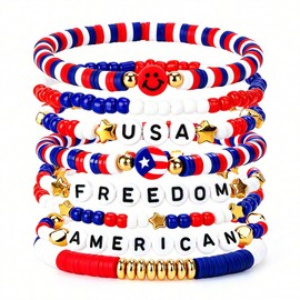 DUIOQ 4th of July Bracelets Accessories,Red White and Blue Beads Jewelry Outfits,250th Anniversary Patriotic Olympics Shirt,Women Men USA Stackable Bracelets for Independence Day Party Favors Gifts
