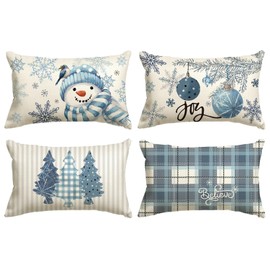 AVOIN colorlife Winter Snowman Joy Snowflake Christmas Throw Pillow Covers, 12 x 20 Inch Xmas Tree Winter Holiday Buffalo Plaid Cushion Case Decoration for Sofa Couch Set of 4