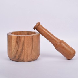 Samhita Acacia Wood Mortar and Pestle for Garlic Pepper Herb Crusher Kitchen Utensils, Housewarming Gift Mortar size(Cm): 10.16cm x 7.62cm Pestel Size (CM): 13.97cm