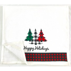 Farmhouse Christmas Kitchen Hand Towels: Postal Country Truck and Trees Herringbone Cotton Weave with Decorative Checkered Prints on Terrycloth with Easy Hang Fabric Loops (Farm Fresh Trees)