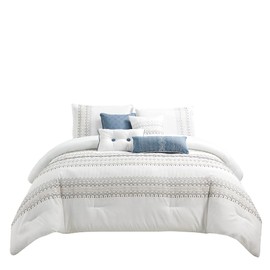 Chezmoi Collection Hart 7-Piece Southwestern Boho Comforter Set Queen Size - White/Navy/Blue/Gold Geometric Embroidery Lightweight Bedding Set for All Season