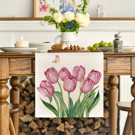 Artoid Mode Eucalyptus Tulips Flower Vase Spring Table Runner Summer Seasonal Kitchen Table Decoration Indoor Holiday Party Decor 40 x 180 cm