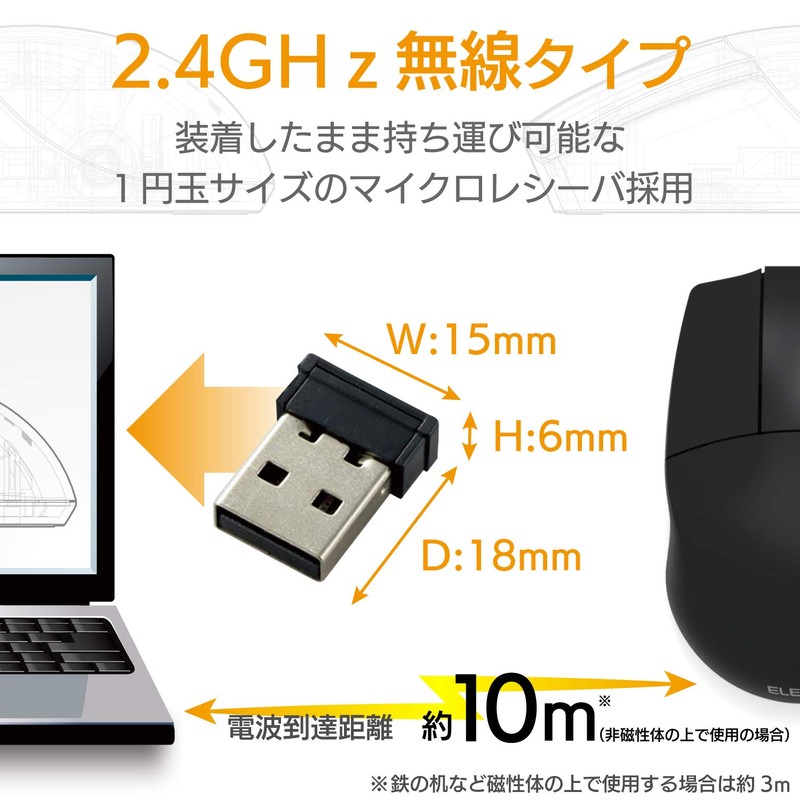ELECOM Wireless Mouse, Includes Receiver, M Size, CAD-Compatible, 3 Buttons,
