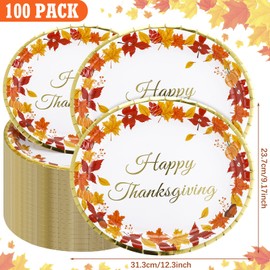 Sliner 100 Count Thanksgiving Oval Plates with Fall Leaves Disposable Dinner Give Thanks Platters with Gold Foil Serving Thanksgiving Large Paper Plates Wedding Platter Holiday Dinnerware Decoration