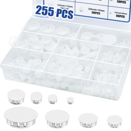 255PCS 8 Sizes White Plastic Hole Plugs, Round Drilling Hole Cover Plugs for Cabinet Shelves, Flush Type Panel Knockout Locking Plastic Plugs Insert End Caps (1/4" 5/16" 3/8" 1/2" 5/8" 3/4" 7/8" 1")