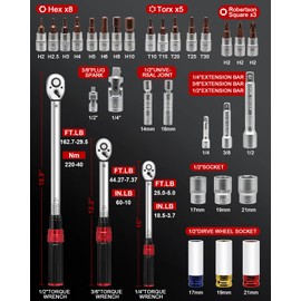 Roartisa 1/4 3/8 1/2-inch Drive Torque Wrench, 32Pcs Torque Wrench Set with Hex, Torx, Sockets, Spark Plug Socket & Adapters for Bike, Motorcycle, Car Spark