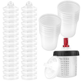 Disposable Paint Cups for Automotive Paint Guns, 20 Ounce (600ml) Kit with 20 Cups, 20 Lids, 1 Hard Cup with Retainer Ring, 20 Plugs, PTFE Tape & Stirrer for HVLP Paint Sprayers