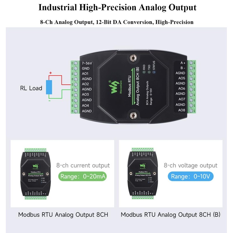 Industrial 8-Ch Analog Output Module 12-bit DA Conversion DC 7~36V