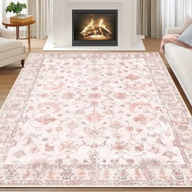 RELEANY 5x7 Area Rug Printed Washable Rugs for Living Room Non-Slip Floor Carpet Soft Boho Vintage Rug Low Pile Water Repellent for Bedroom,Entryway,Kitchen,Indoor Light Pink
