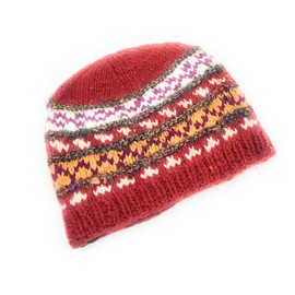 Hand Knit Wool and Recycled Silk Beanie Hat Fleece Lined Made in Nepal (Wool & Silk Fibers, Red)