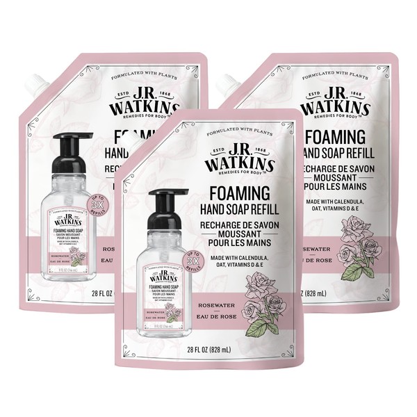J.R. Watkins Foaming Hand Soap Refills, All Natural, Alcohol-Free Hand Wash, Cruelty-Free, USA Made, Moisturizing Hand Soap Refill for Bathroom or Kitchen, Rosewater, 28 fl oz Foam Soap Refill, 3 Pack
