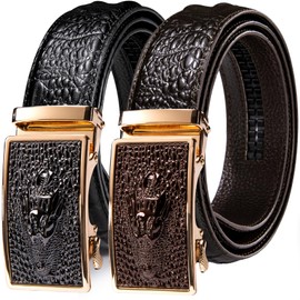 Barry.Wang Ratchet Mens Belt 2 Pack Gift Set Dress Brown Buckle Belts Crocodile Leather Gold Slide Strap Adjustable 1 3/8" Dinner