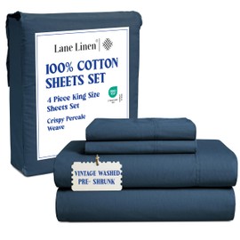 Lane Linen King Size Bed Sheets - 100% Cotton Sheets For King Size Bed, 4Pc Pre-Washed & Pre-Shrunked Percale Sheets and Breathable King Sheets Sets, 15" King Size Sheets Deep Pocket Set - Estate Blue