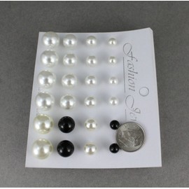White Cream Black Earrings 12 Pair Set Pack Graduated Faux Pearl Bead Stud Post Adorable Statement Jewelry Earrings for Women