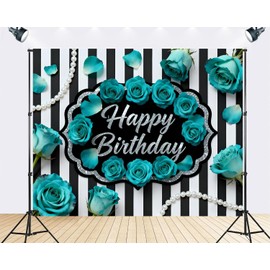 Trykid 5x3ft Elegant Birthday Photography Backdrop Teal Roses Black White Stripes Silver Glitter Frame Pearl Accents Party Decoration Background Photoshoot Studio Props Fabric