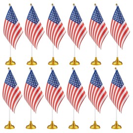 Juvale Mini American Flag Decor Set - 12-Pack 8 x 5.5in Flags on 12in Poles with Gold Base - Patriotic Table Decorations & Party Supplies for Desk & Office