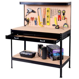 Heavy-Duty Steel Workbench – 63" Multipurpose Workshop Table with Drawer, Pegboard & Shelf, Woodworking & Garage Tool Organizer, 300 lbs Capacity