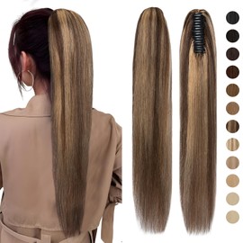 Claw Clip in Ponytail Extension Real Hair #4P27 Medium Brown&Dark Blonde 16 inches Jaw Claw on Ponytail Hair Remy Human Hair Straight