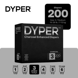 DYPER - Charcoal Enhanced Day & Overnight Disposable Baby Diapers - Made with Plant-Based* & Skin-Friendly Ingredients, Hypoallergenic for Sensitive Skin - Size 3, (200 Count)