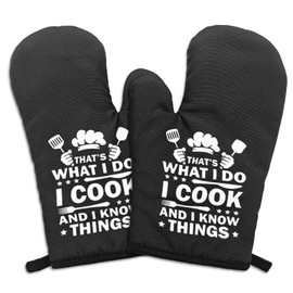 GOSJINNK 2 Pcs Funny Oven Mitts That's What I Do I Cook and I Know Things Heat Resistant Mitts Adult Humor Silicone Non-Slip Oven Mitts for Kitchen Decor Sweet Housewarming Gifts for Hostess Friend